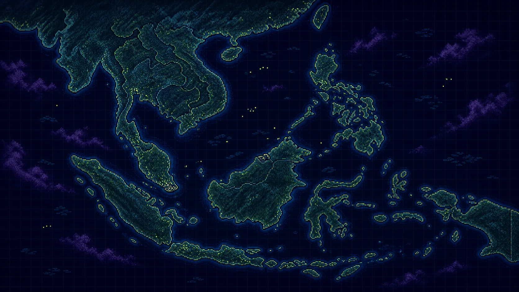 Pixel-art night operations map of Southeast Asia
